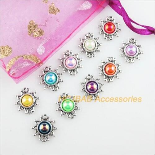 30Pcs Tibetan Silver Tone Retro Tiny Sun Mixed Acrylic Charms Connectors 14x14.5mm