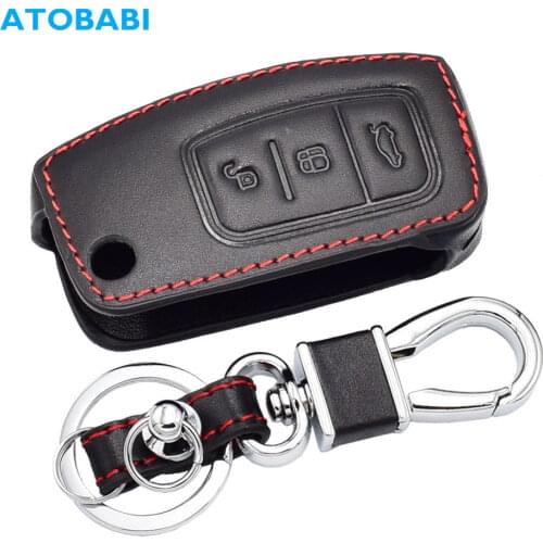 Leather Car Key Case For Ford Fiesta Focus 2 Mondeo Ecosport Kuga Escape 3 Buttons Folding Remote Fobs Cover Keychain Holder Bag