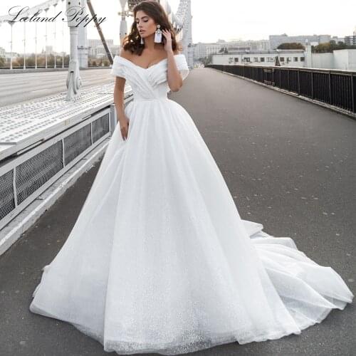 Lceland Poppy A Line Shiny Tulle Wedding Dresses 2021 Off the Shoulder V Neck Floor Length Bridal Gowns Vestido de Noiva