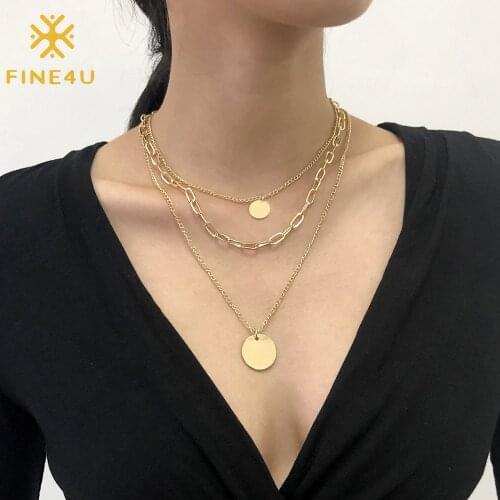 FINE4U N768 Multilayer Disc Necklace Paperclip Chain Simple Cute Round Coin Layering Choker Necklace
