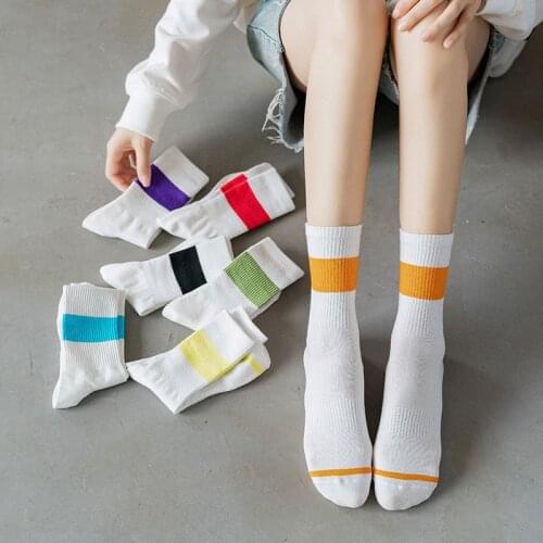 Pure White Socks Ladies Pure Cotton Big Stripes Casual Fashion Crew Socks Standard Thickness Spring And Autumn Clothing 36-40