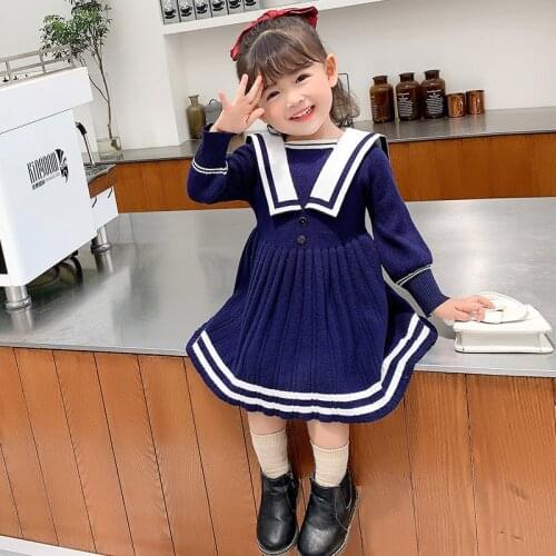 Christmas New Dress For Girls Navy Style Sweet Clothes Cute Pleated big Lapel Dress Princess Dress Child Clothing For 3-8 Age