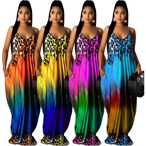 Summer New Leopard Gradient Positioning Printing Sexy Womens Clothing Loose Sling Dress with Pockets