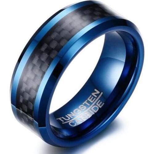 8MM Blue Tungsten Carbide Rings Wedding Bands for Men Wedding Anniversary Date Heart Love Promise