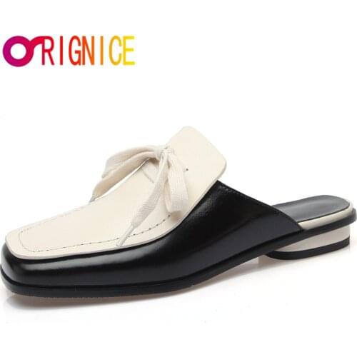 Orignice New Spring Women Slipper Flat Heel Slip On Mules Square Toe Mixed Color Sandals Female Casual Slides Shoes Black Brown
