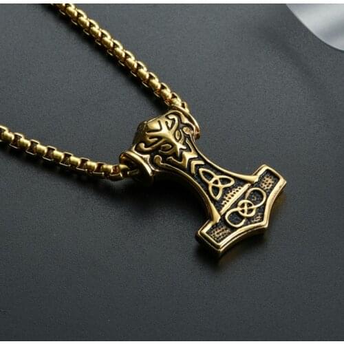 Viking Thor Hammer Pendant Necklace Gold/Silver Color Stainless Steel Necklace Viking Amulet Jewelry Never Fade