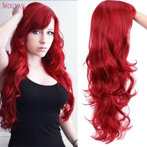 HOUYAN 22 Inch Long Wavy Wig with Bang Red Hair Cosplay Wig Heat Resistant Synthetic Hair Wigs