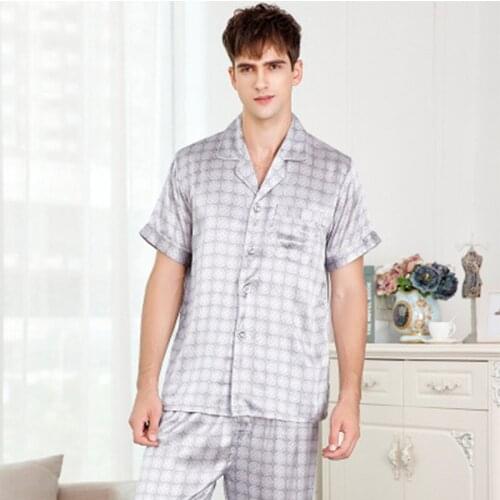 100 Silk pajamas men suit short-sleeved two-piece Sleepwear summer spring bottoms solid color Blue 100% silk home suit