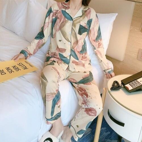 2021 Spring Autumn Womens pajamas 100%Viscose long sleeves trousersset woman 2 pieces Sleepwear womens Floral Printed