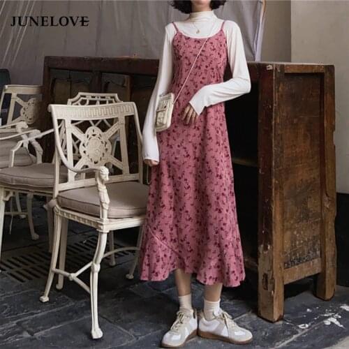 JuneLove Women Spring Summer Printed V-neck Dress Lady Elegant Corduroy France Dress Female Spaghetti Strap Floral Boho vestidos