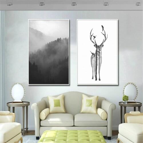 Nordic Style Deer Poster Prints Minimalist Wall Art Canvas Painting Mountain Landscape Wall Pictures for Living Room Home Decor