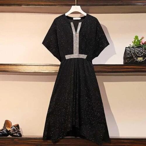 Plus size women summer dresses 2021 new loose fashion elegant high waist sequins o-neck a-line female dresses lj3117