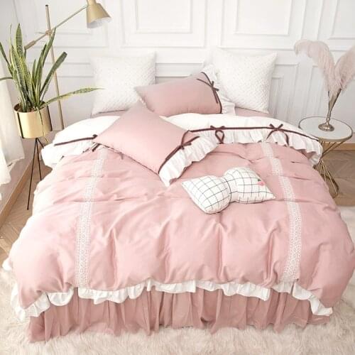 Luxury Princess style 100% cotton Bedding set ruffles Duvet cover bedskirt Pillowcases 4pcs for girls bed set
