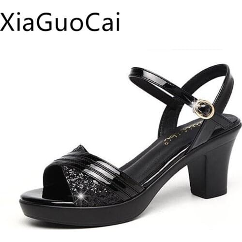 Summer Thick Heel Women Sandals 2020 Newest Rhinestone Black Women Square Heels Sandals Buckle Solid Ladies Sandals