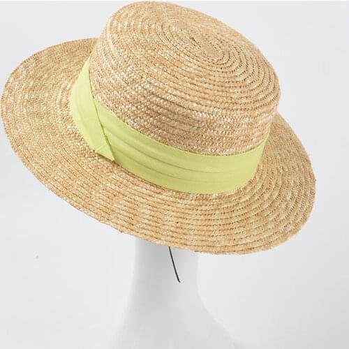 2021 New Sun Hats Natural Wheat Straw Boater Top Hat Women Summer Beach Flat Brim Cap Ribbon for Holiday Sombreros De So