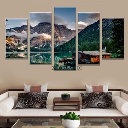 Modern Home Decor Wall Art Canvas Poster Painting 5 Pieces HD Printed Lake Boat Mountain Landscape Modular Pictures Frame
