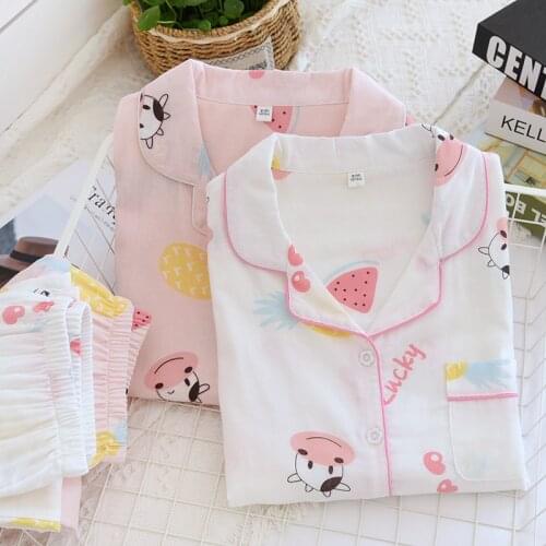 Japanese Spring and Summer Womens Pajamas Cotton Tulle Soft Pajamas Set Comfortable Long Sleeve Cardigan Womens Home Wear
