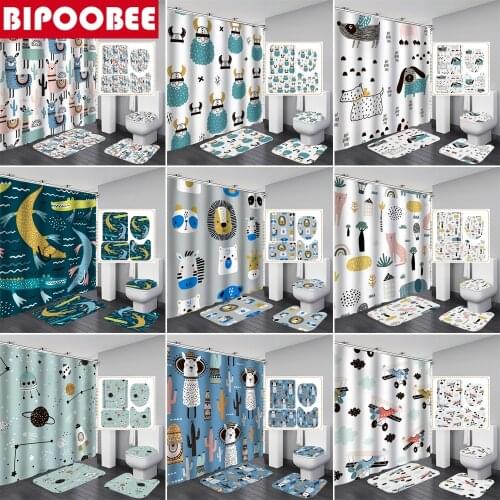 3d Funny Shower Curtain Cartoon Animal Alpaca Lion Dog Print Bath Mat Toilet Cover Pedestal Carpet Anti-slip Rugs Bathroom Decor