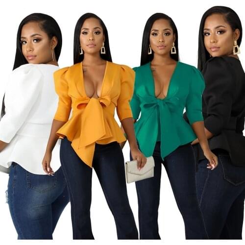 Women Sexy V Neck Shirt Solid Color Cardigan Bandage Ruffled Top Female Half Sleeve Shirt Vintage Casual Ladies Party Clothing