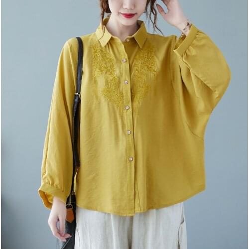 Oversized Women Cotton Casual Shirts New Arrival 2021 Autumn Simple Style Vintage Embroidery Loose Female Long Sleeve Tops B650