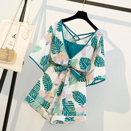 Large size Jumpsuit for Women 2021 Flowers V-Neck Short Sleeve Playsuits Retro Backless Drawstring Slim Waist Beach Bodysuit