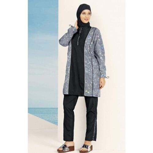 Women Hasema Hijab Modest Muslim Swimwear Coif Torsolette Tights Swimsuit Long-Sleeve Stripe Full Cover Sea Pool Trunks