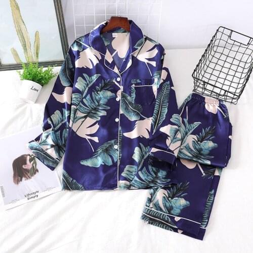 OVERSIZE 2PCS Pajamas Set Women Sleepwear Satin Shirt&Pants Nightwear Silky Print Crane Pyjamas Casual Homewear 5XL