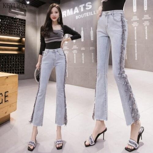 2021 High Waist Jeans Mom Stretch Female Flare Boyfriend Jeans For Women Lace Beading Denim Pants Trousers Skinny Jeans Woman