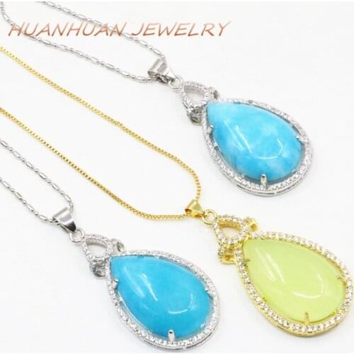 Charms Stainless Steel Chain Waterdrop Pendant Women 20x40mm Natural Jades Stone Necklace & Pendants Zircon Inlay Jewelry B3365