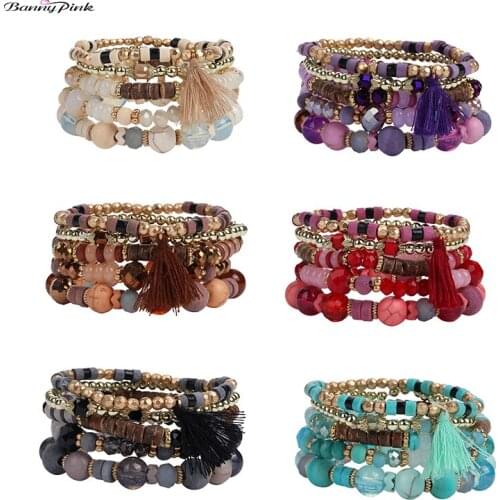 Banny Pink Bohemia Wood Glass Stone Beads Statement Strands Bracelets For Women Beach Tassel Charm Elastic Bracelets Bangle