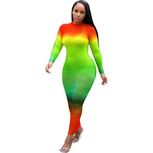 BKLD 2019 Women Rainbow Print O-neck Full Sleeve Bodycon Ankle-length Maxi Dress Sexy Gradient Perspective Night Club Party Wear