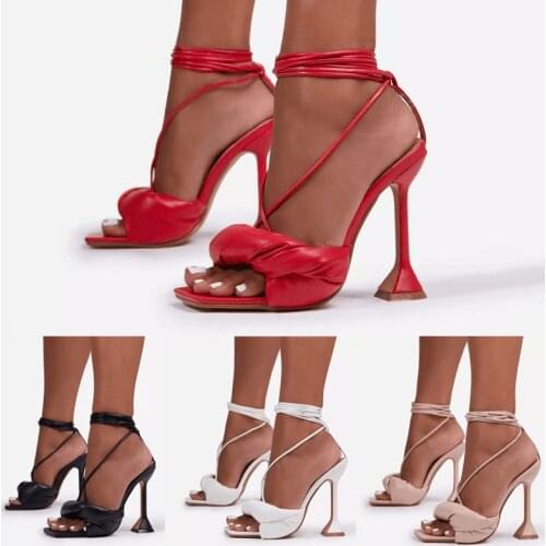 DDYZHY NEW Sexy PU Cross-Tied Sandales Summer Peep Toe High Heel Solid Fashion Pleated Slides Ladies Gladiator Party Shoes 2021
