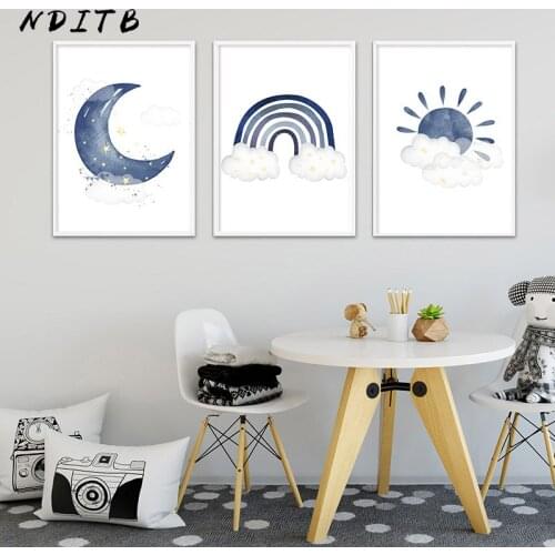 Baby Nursery Blue Canvas Wall Art Print Rainbow Sun Moon Picture Boho Style Cartoon Painting Nordic Kids Boy Bedroom Decoration