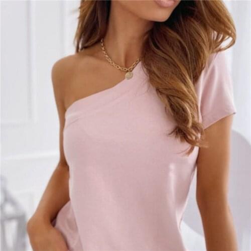 Sexy Women Summer T-Shirts Solid Color One Shoulder Design Clothes Ladies Trendy Short Sleeve Slim Pullovers Top for Streetwear