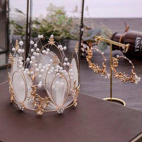 FORSEVEN Luxury White Feather Simulated Pearl Round Tiaras Crown Earrings Jewelry Sets for Princess Women Bridal Wedding Party