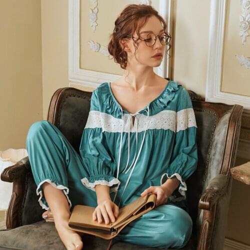 Lovely Sweet Princess Pyjamas 3/4 Sleeves Lotus Leaf Tracksuit Female Nightdress Tops And Long Pants Home Clothing NW16