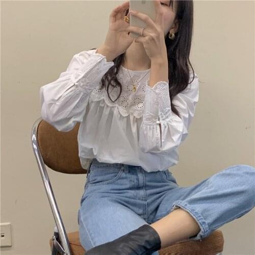 Sweet White Lace Patchwork Shirts Cute 2020 Gentle High Street Brief Women Loose Blouse Women Tops Blusas