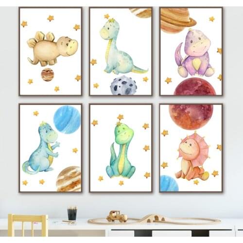 Cute Dinosaur Space Planet Nursery Wall Art Canvas Painting Nordic Posters And Prints Wall Pictures Baby Kids Room bedroom Decor