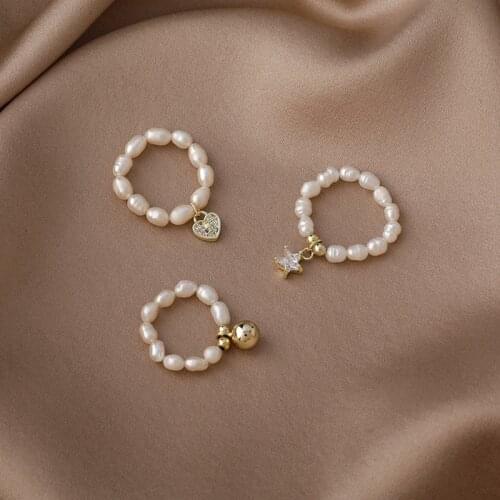 Fashion Bead Heart Star Elastic Rope Ring Exquisite Crystal Zircon Adjustable Pearl Ring Elegant Womens Party Jewelry Gift