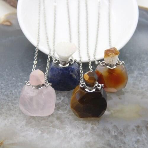 Natural Quartz Agates/TigerEye/Sodalite Cut Faceted Perfume Bottle Pendant Rose Crystals Essential Oil Diffuser Necklace Jewelry