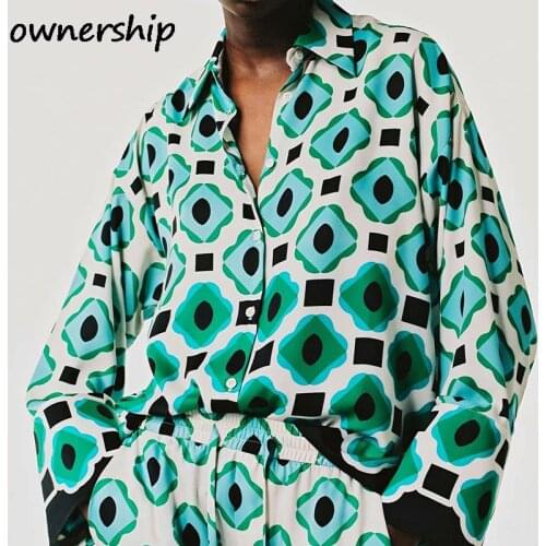 New Loose Long Sleeve Green Print Shirts Women Casual Home High Waist Straight Leg Pantsuit Fashion Two Piece Set Elegant Autumn