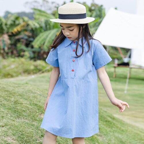 Student Clothes Wear Summer Dress for Girl Short Seleeve Lapel Cotton Girls Blouse Shirts Dress Solid Color Baby Kids Children C