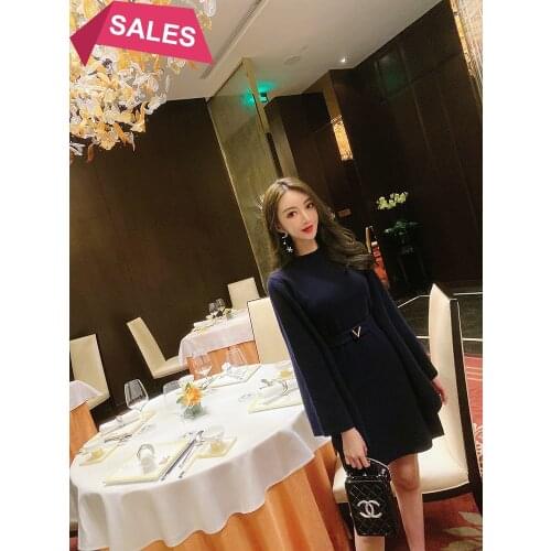Autumn and winter new round neck long sleeve Navy cashmere knitted dress womens Belt Skirt