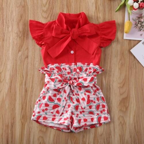 1-6Y Toddler Kids Baby Girls Clothes Sets Ruffles Bow Vest Top Shirt Watermelon Print Shorts Clothes Outfit