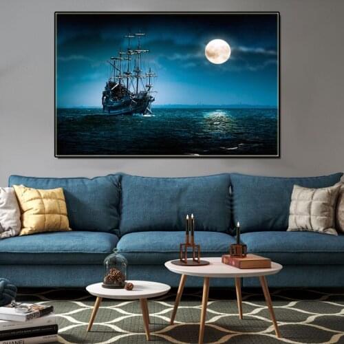 Moon Canvas Painting Ship Sailing on The Sea Print Poster Seascape Painting Wall Art Decoration Picture for Living Room Parlour