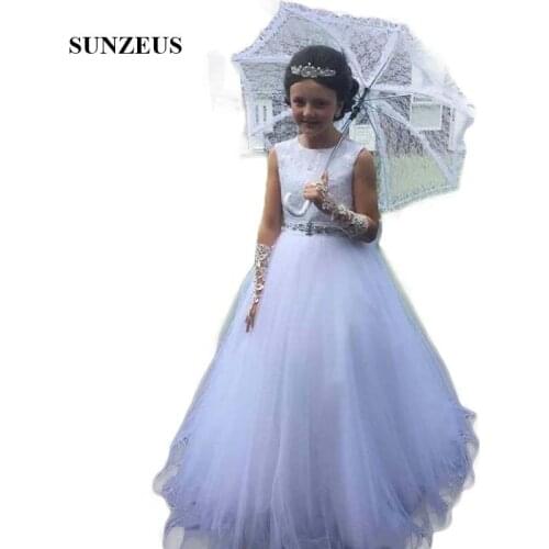 White Flower Girls Dress 2020 O-Neck A-Line Party Dress for Little Girls Beaded Waist Lace First Communion Dresses Long SF26
