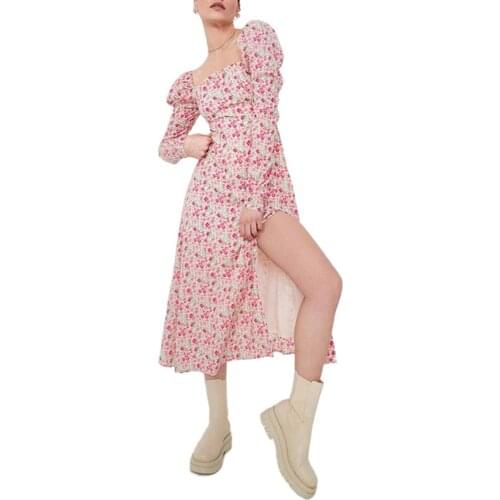 Women Bohemian Dress, Female Comfortable High Waisted Slim-fit Floral Print Long Sleeve Square Collar Slit Leisurewear