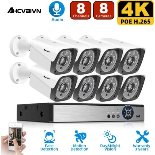 AHCVBIVN 8ch POE CCTV Camera Security System Kit 4k NVR Kit 8MP Outdoor Video Surveillance Set IP Monitoring Camera System Set