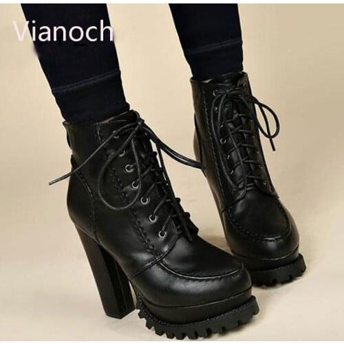 Fashion New Women Platform Pumps Sexy Lace Up Ankle Boots High Heels Shoes Party Heel 10cm Black wo180820