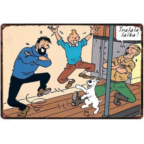 Vintage Anime Metal Sign Cartoon Anime Wall Sticker Adventures of TinTin Metal Plaque Wall Decorative Tin Plate Retro Home Decor